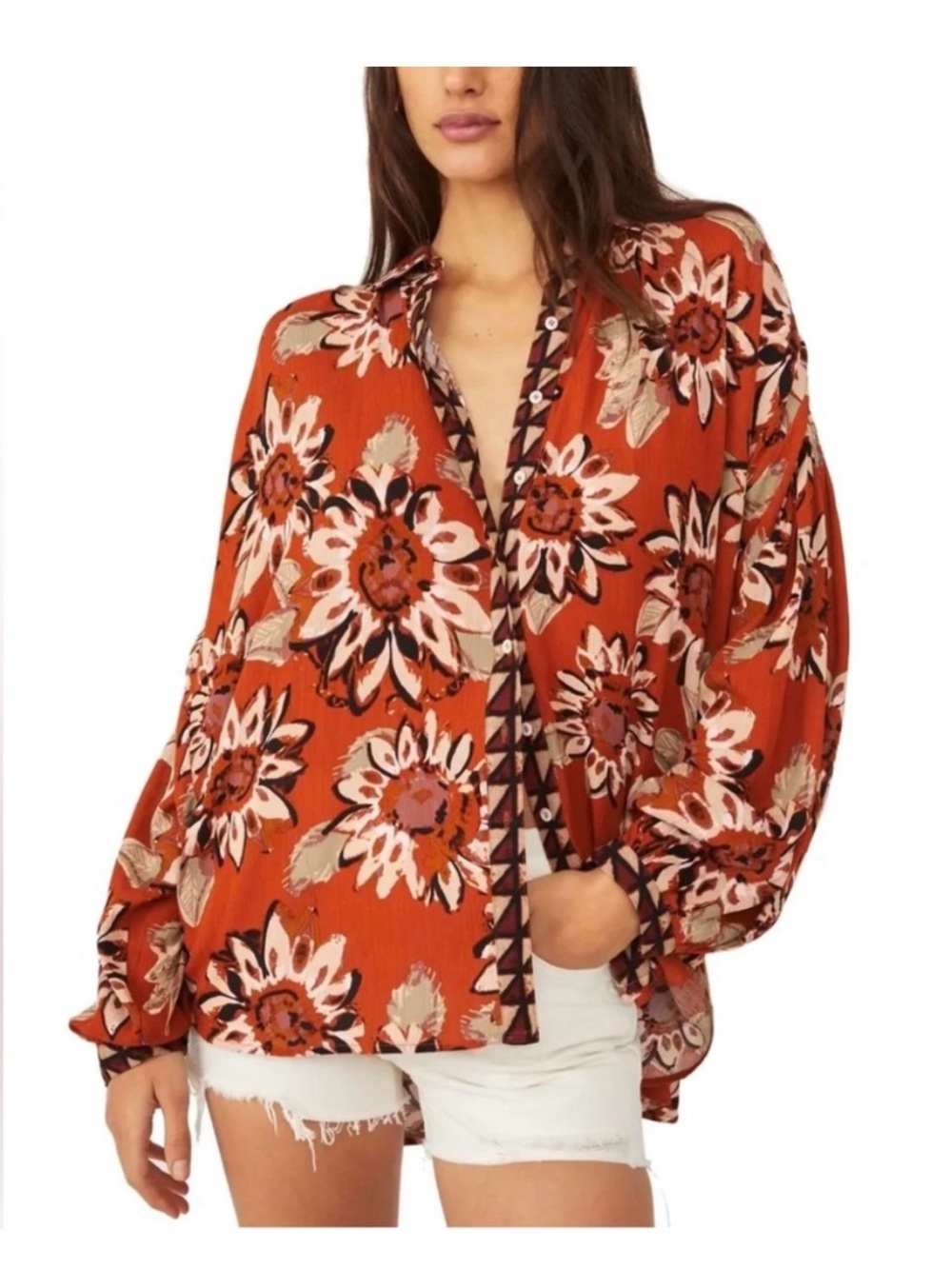 Free People Floral Button-Front Blouse